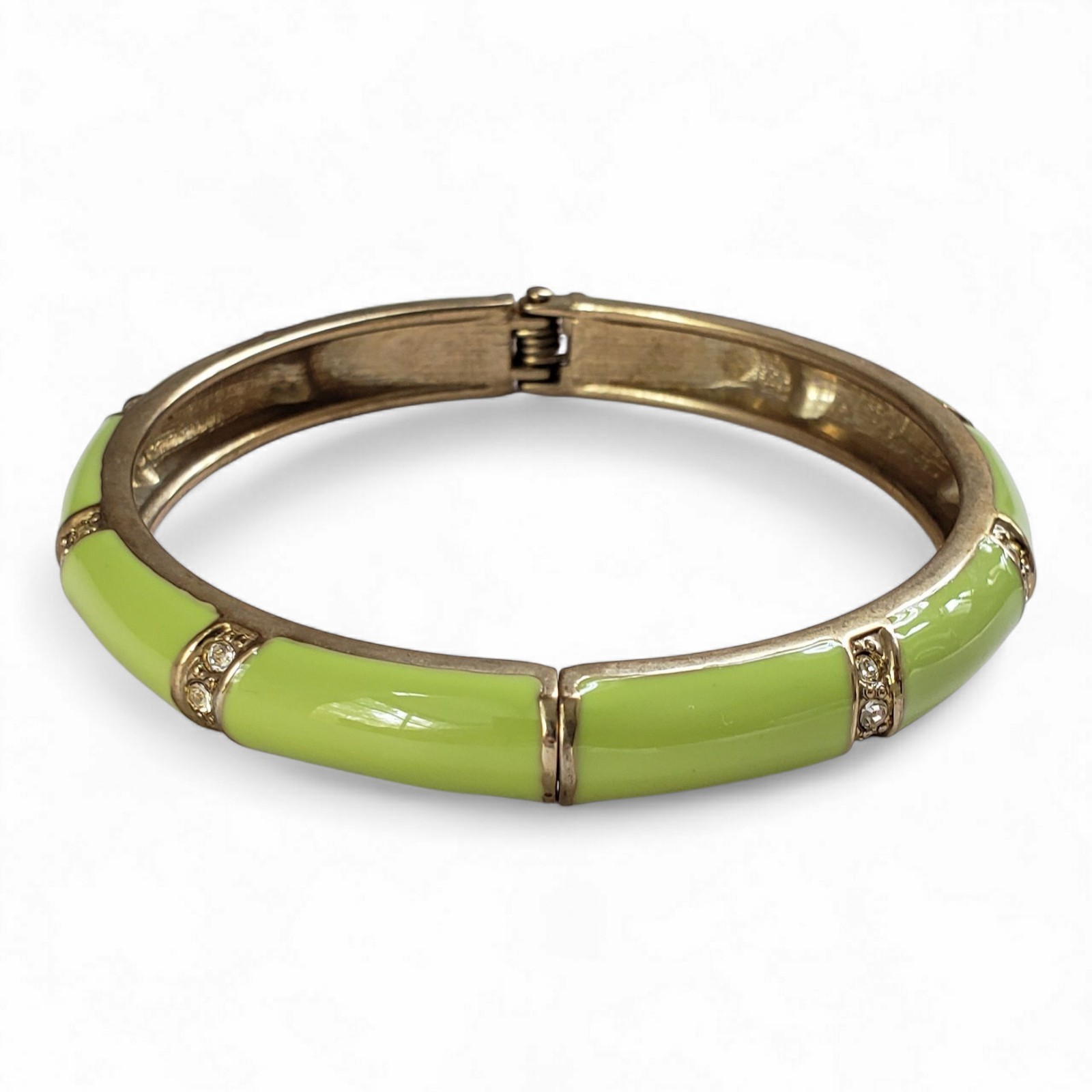 Vintage Glossy Lime Green Enamel & Clear Rhinestones Hinged Bangle Bracelet