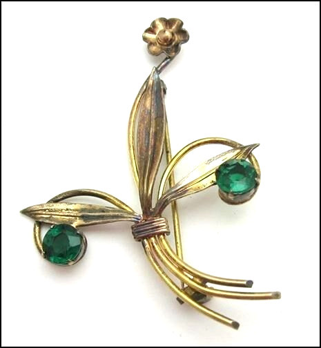 CM GREEN RHINESTONE Vintage PIN FLOWER BROOCH 1/20 12K GE Gold Electroplate