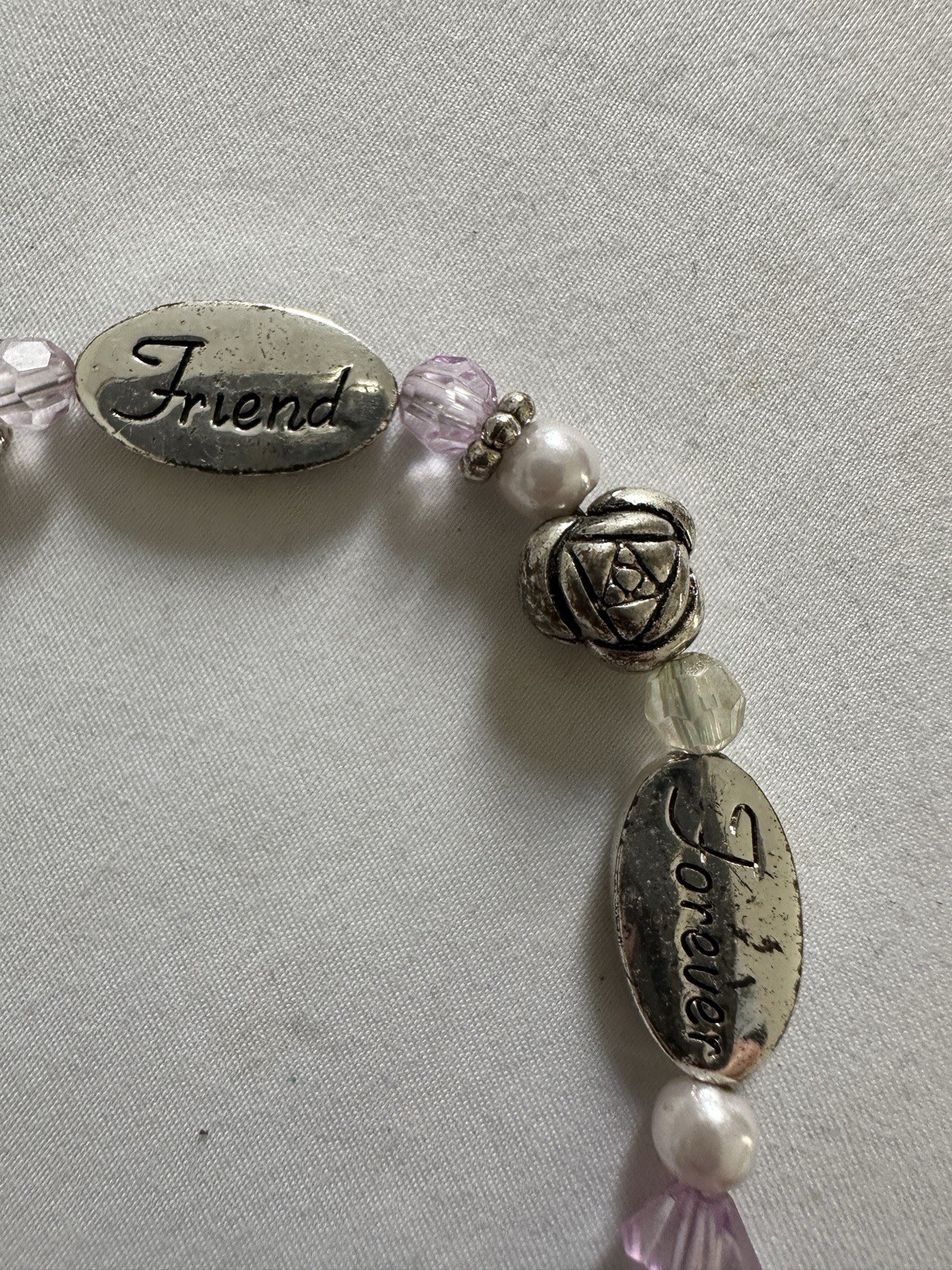 Vtg Sister Friend Forever Bracelet Faux Pearl Floral Filigree Heart Charm Rose