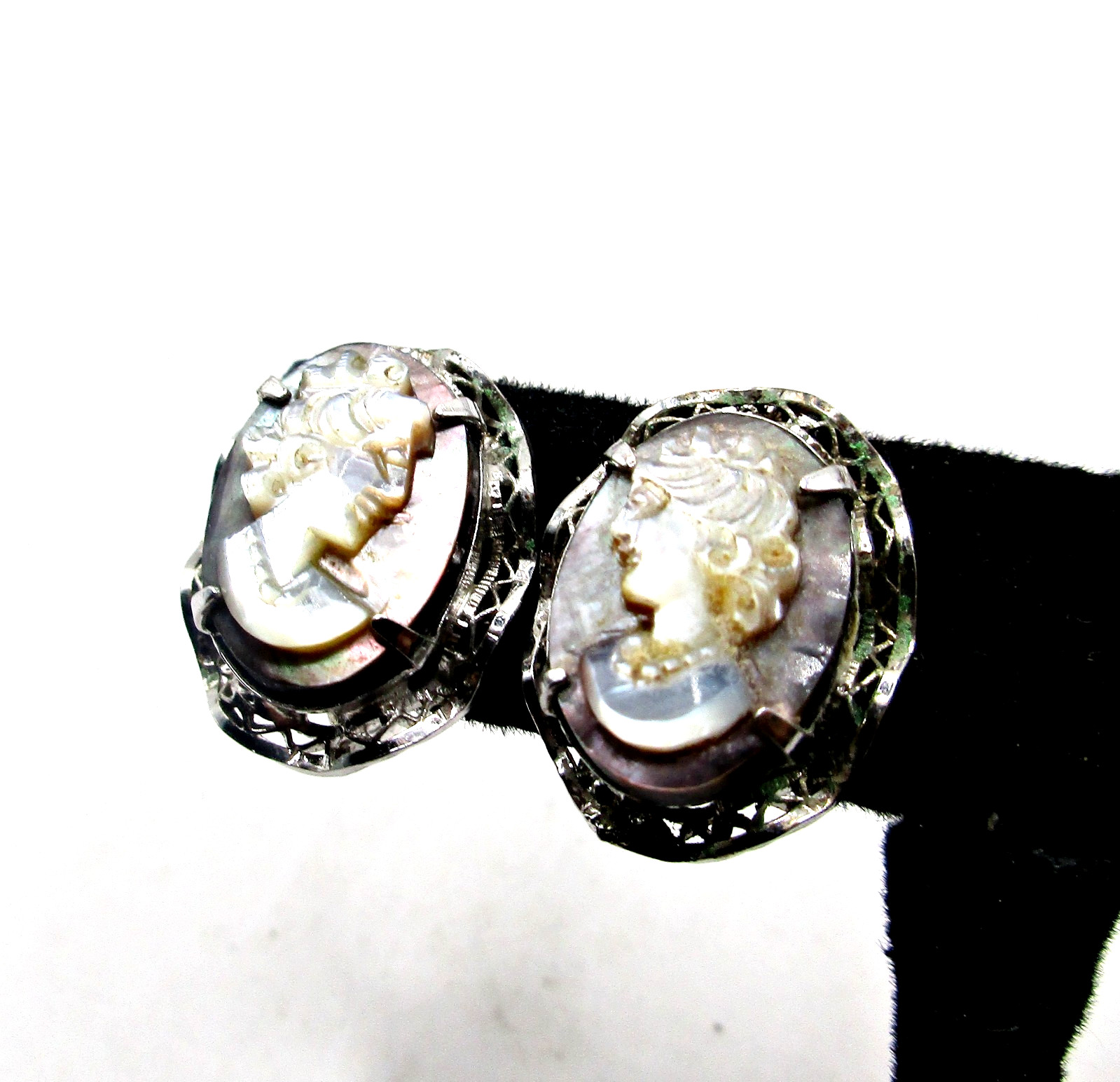 Vintage 1950’s Signed Sorrento AC Sterling Silver Carved Cameo Screw Bk Earrings