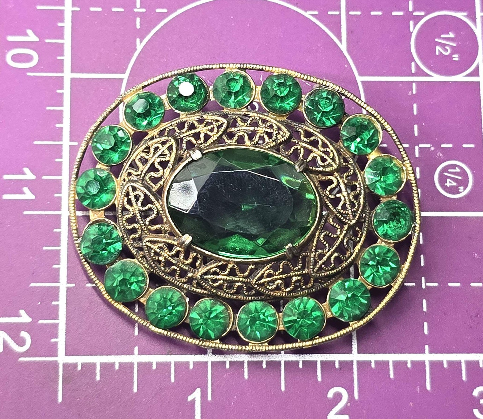 Emerald dark green chaton rhinestone fall tribal leaf vintage brooch