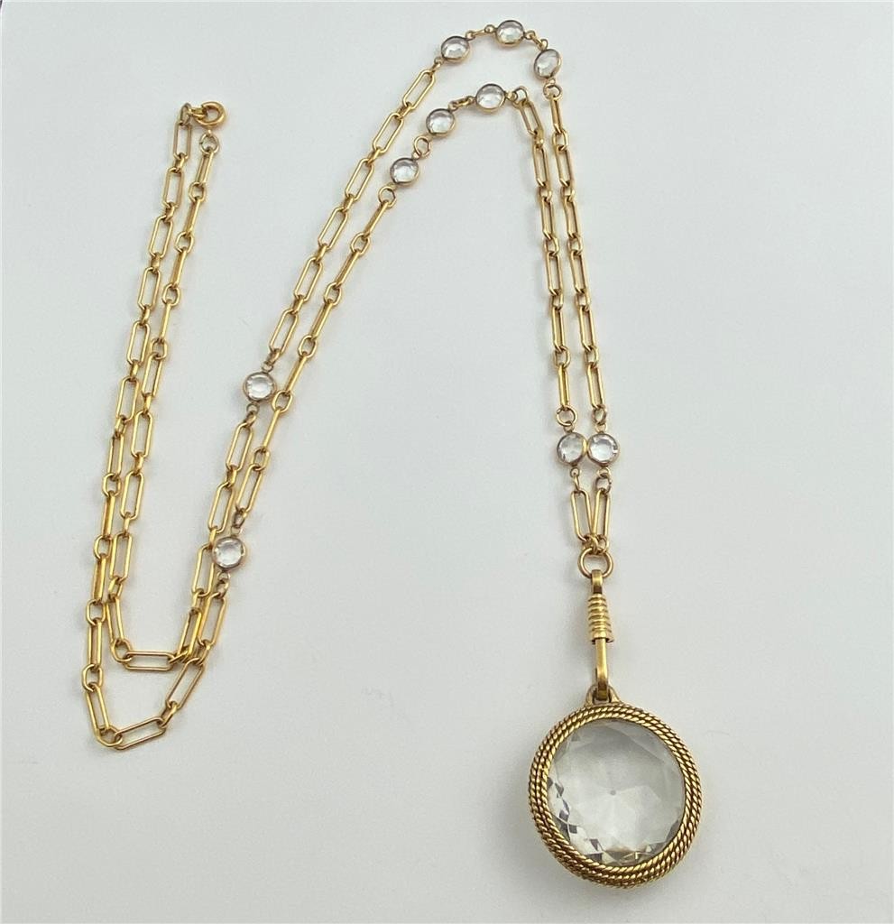 1970’s Bezel Set Crystal Station Gold T. Link Chain Clear Faceted Pendant 34″