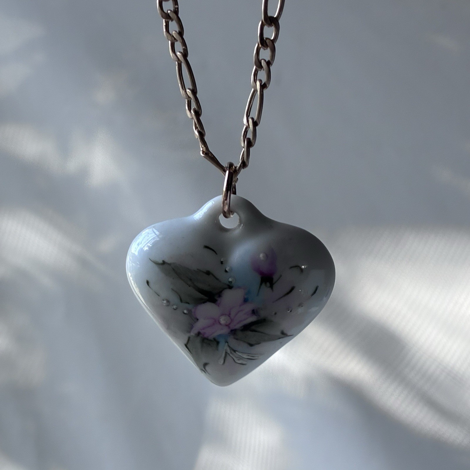 Vintage Ceramic Porcelain Heart Pendant Necklace Floral Cottage Hand Painted 80s