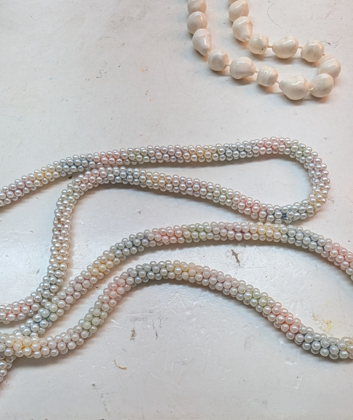 LOT OF 2 White Necklace Cluster Popcorn Twisted Faux Pearl and Seashell Beads