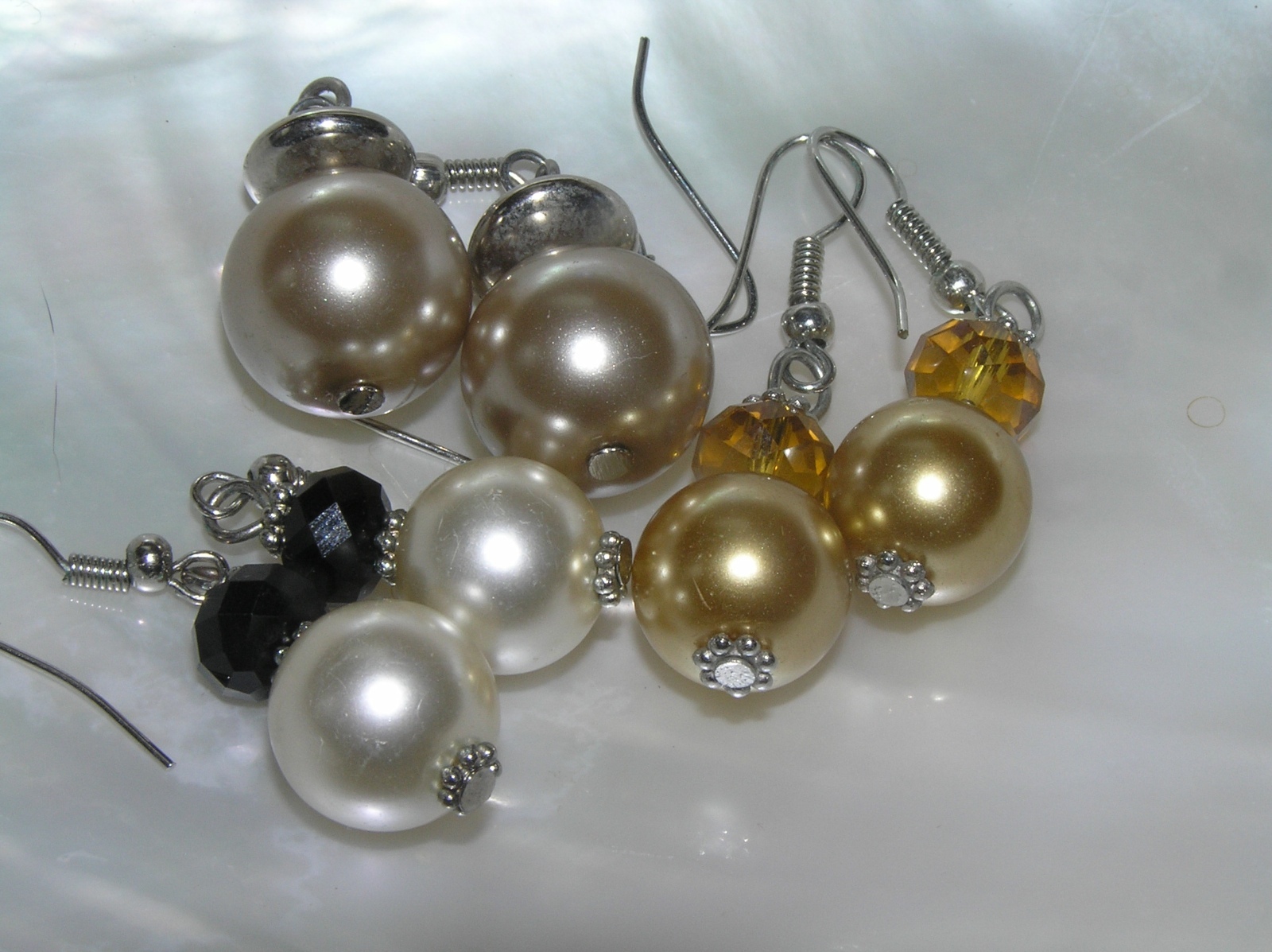 Estate Lot of 3 Faux White Gold & Champagne Pearl Bead Dangle Earrings