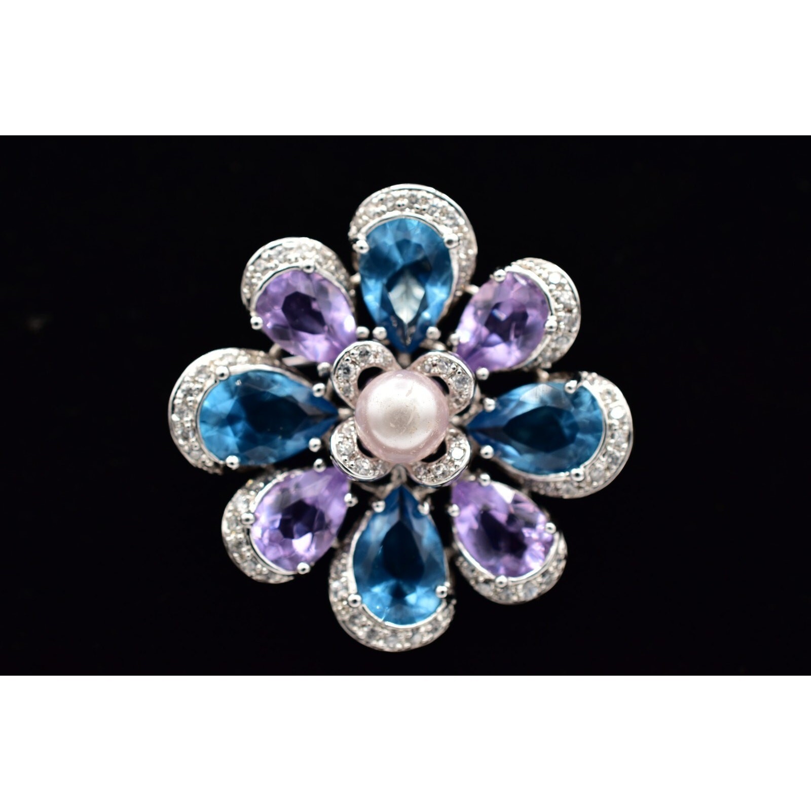 925 Sterling Silver Crystal Flower Pendant Pin Brooch Purple Blue Signed BinBI