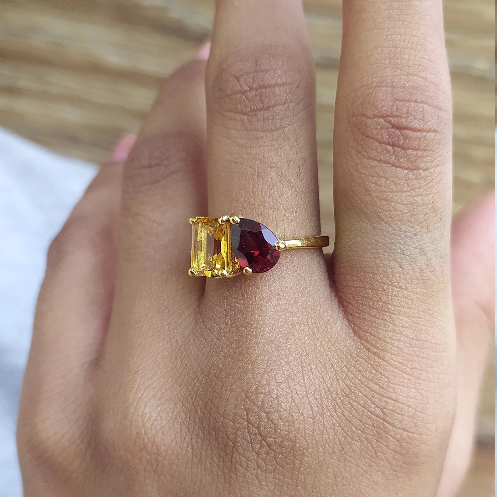 14K White Gold Plated Emerald and Pear Cut Lab Created Citrine & Garnet Ring