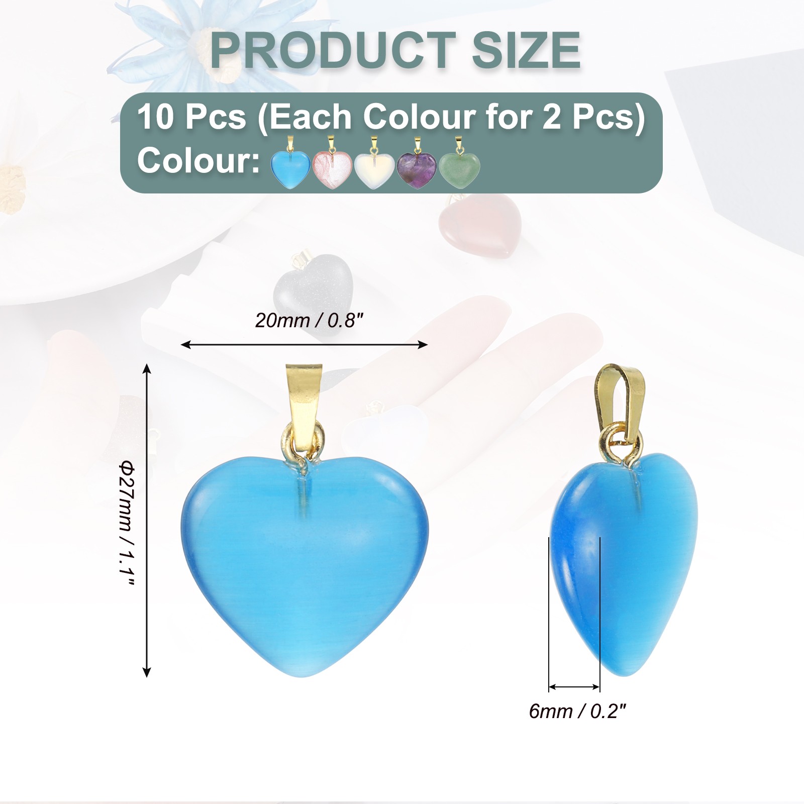 10Pcs Heart Quartz Stone Charms, Purple/Green/Light Red/AB White/Sky Blue