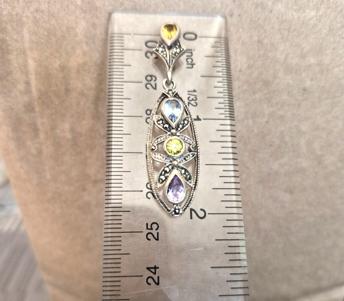 Vintage CW Marked Sterling Silver Multicolor Gemstone Marcasite Dangle Earrings