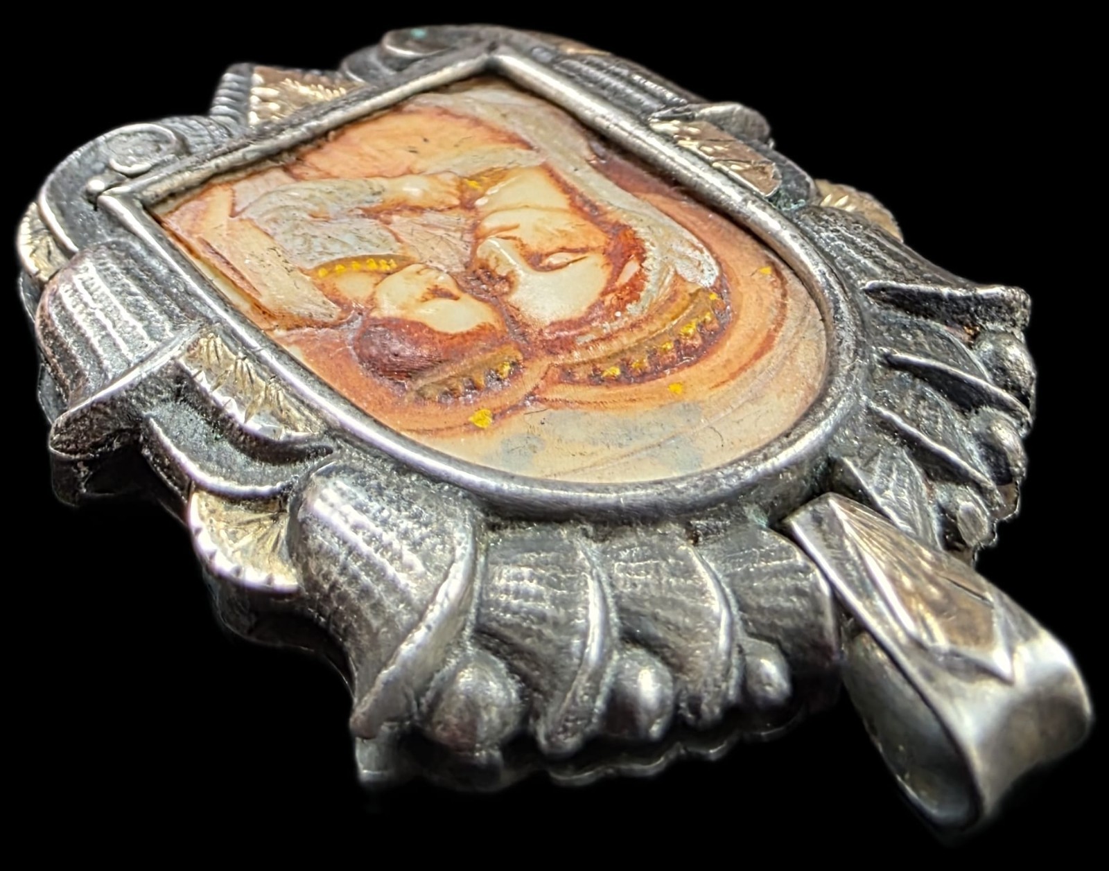 Fine Antique Art Nouveau Silver Gold Madonna Virgin Mary and Jesus Pendant C1900
