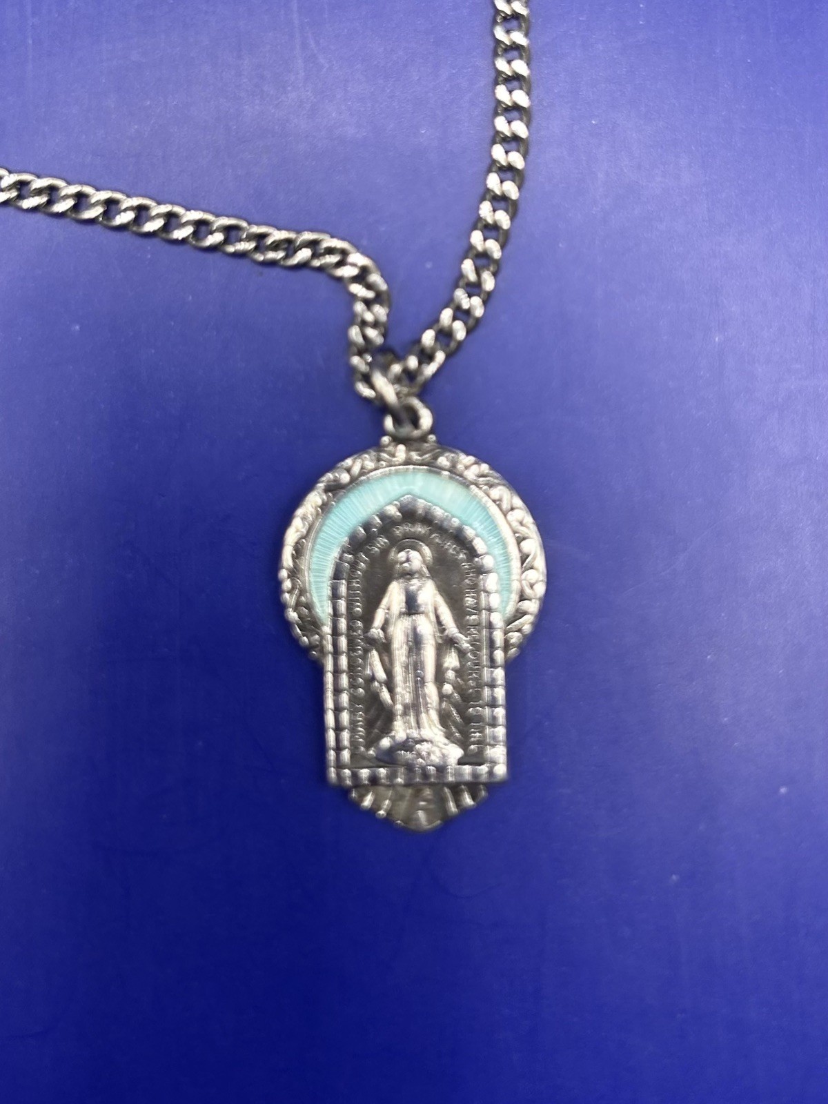 Antique Virgin Mary Pendant And Neck Chain. Sterling Silver with enameling.