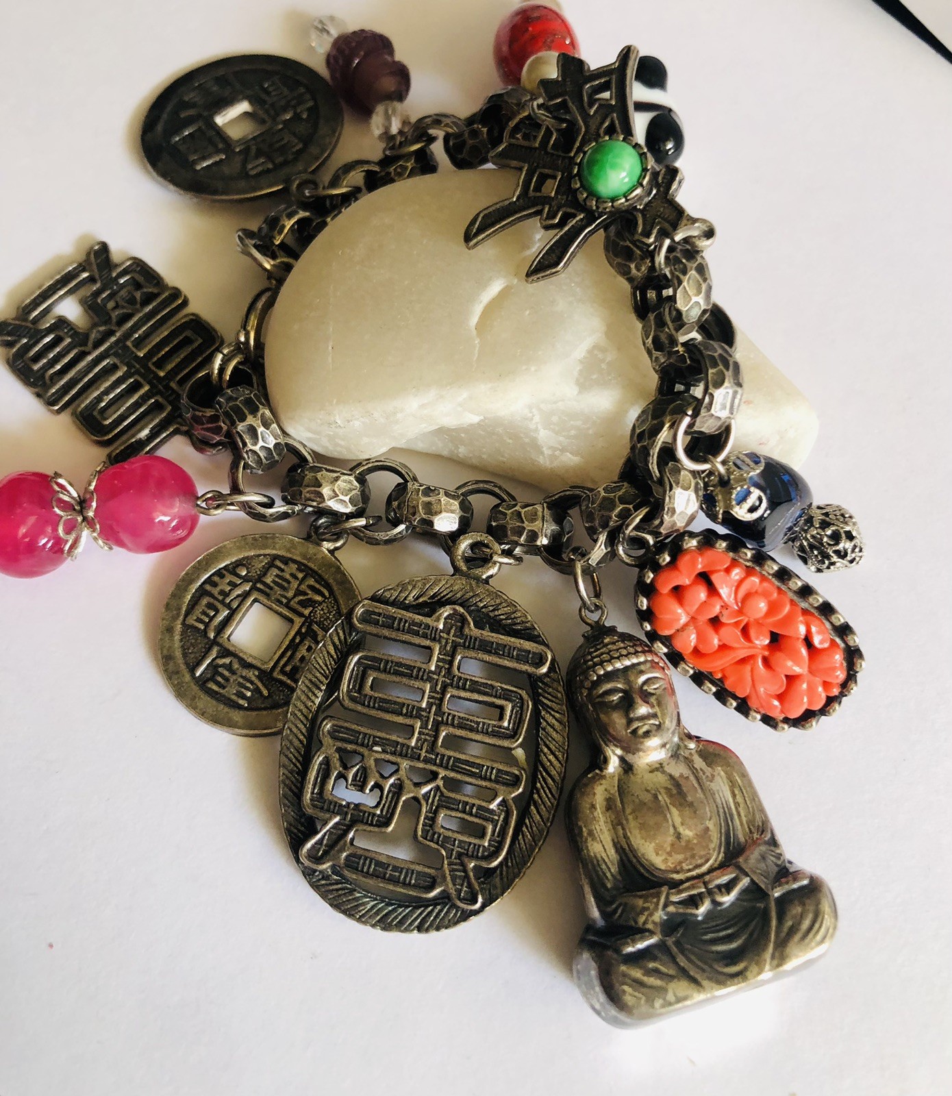 VTG Germany Bracelet, Asian Theme, Murano&plastic, Beautiful Silver Tone, Heavy.