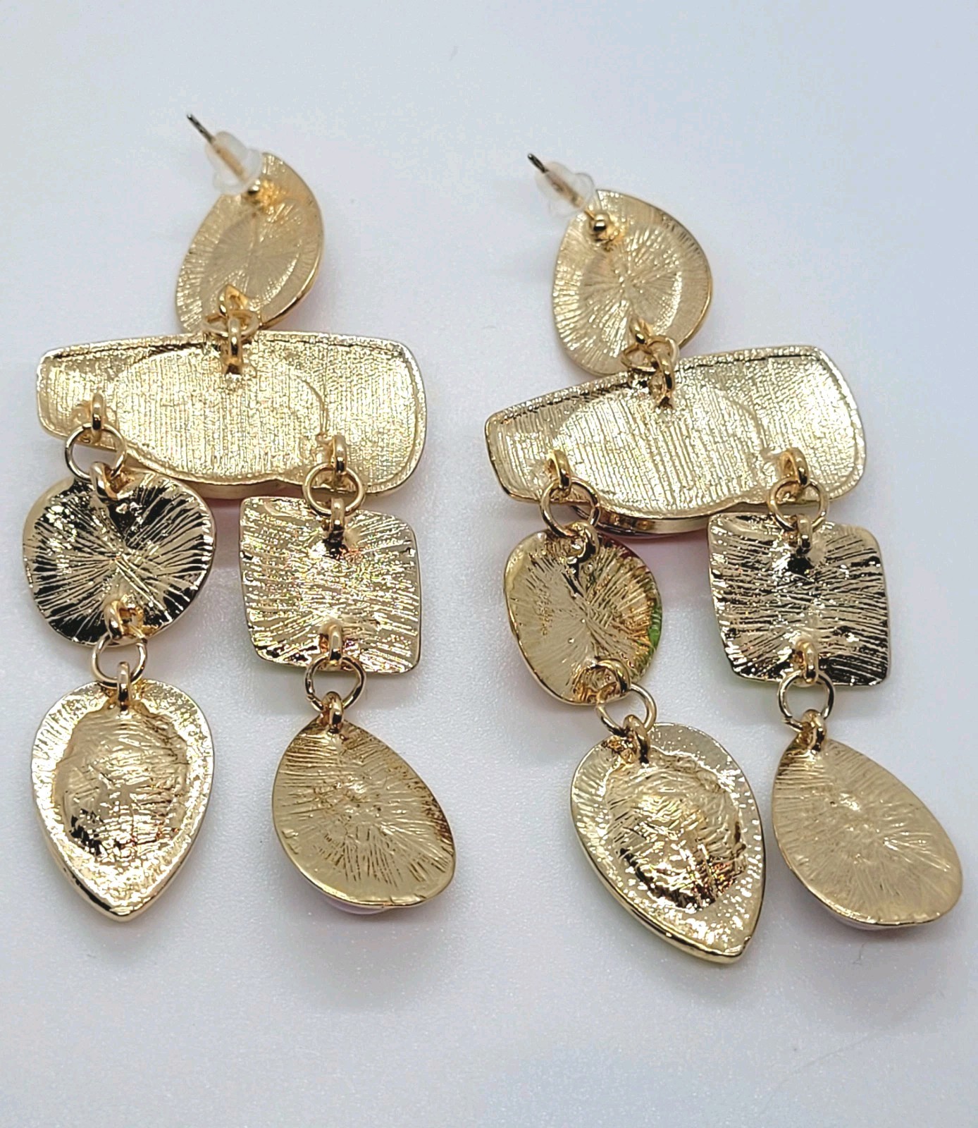 Retro GoldTone Multicolor Gemstone Dangle Drop Oversized Statement Post Earrings