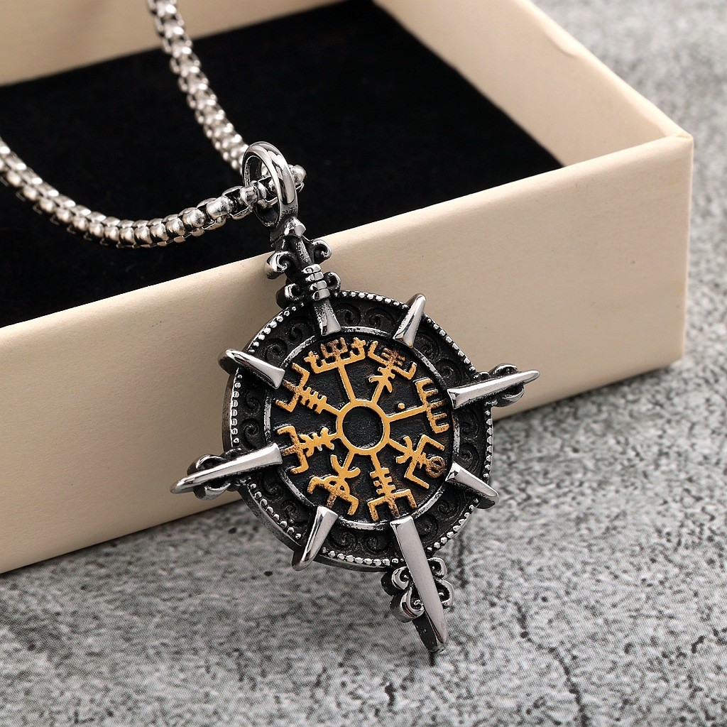 Stainless Steel Men’s Pendant Viking Compass Rune Necklace