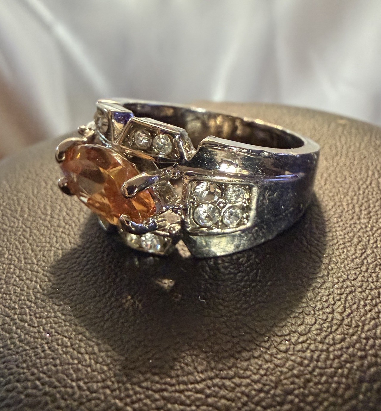 Silver-tone Citrine & CZ Costume Jewelry Ring Size 10 11g Unique Stone
