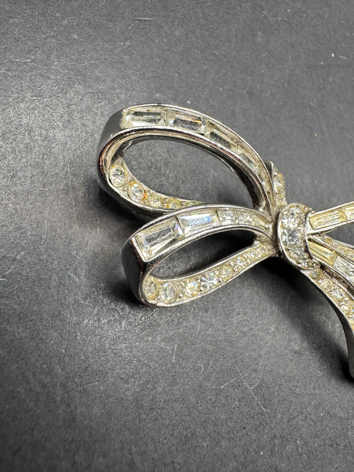 Vtg Marcel Boucher Bow Brooch Pin SIlver Tone Emerald Cut and Round Crystal 5266