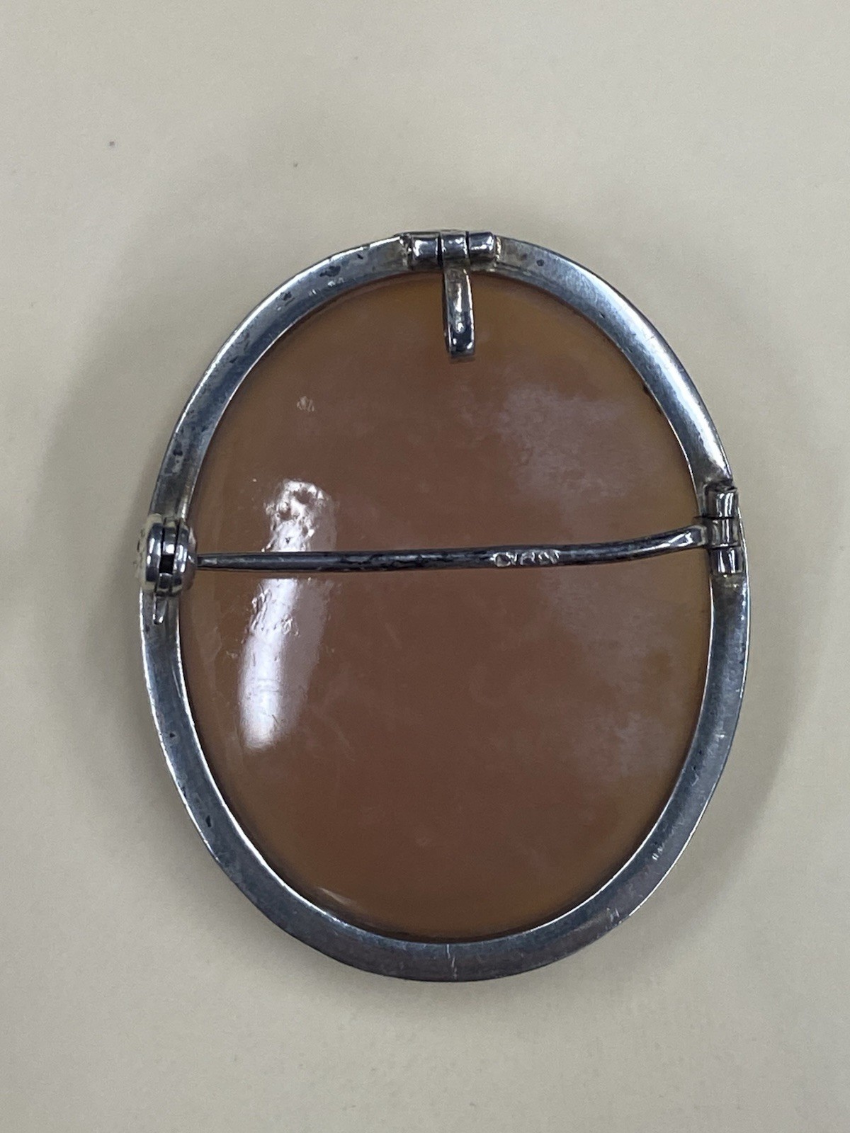 Oval Shell Cameo Brooch Pendant Brown/White Portrait in Sterling Silver Frame