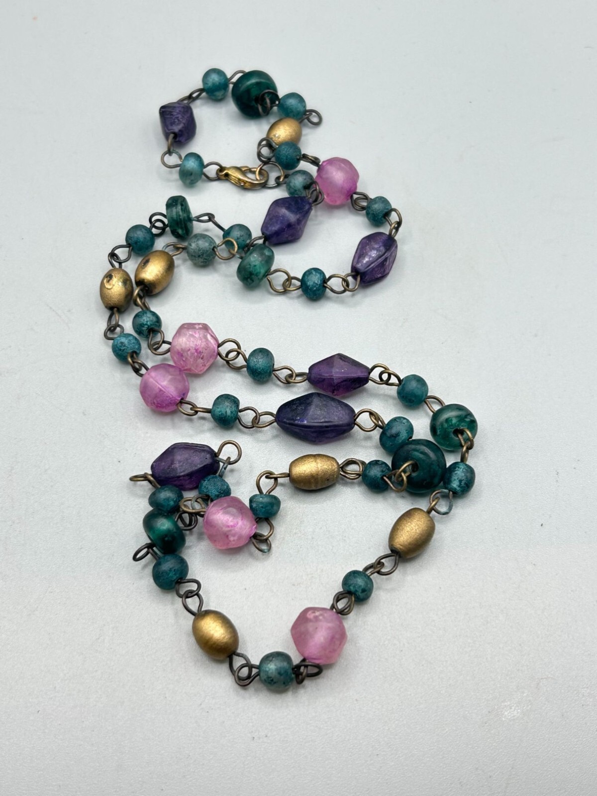 Purple Blue And Pink Pressed Glass Beaded Necklace Dyed Beads 30″ Long Single St