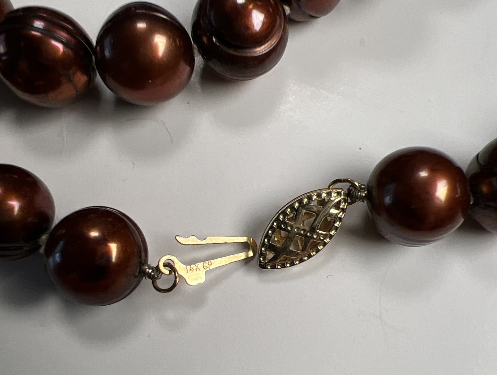 Copper Color Cultured Pearl Necklace w/ 14K CP Fish Hook Clasp 20″ Necklace