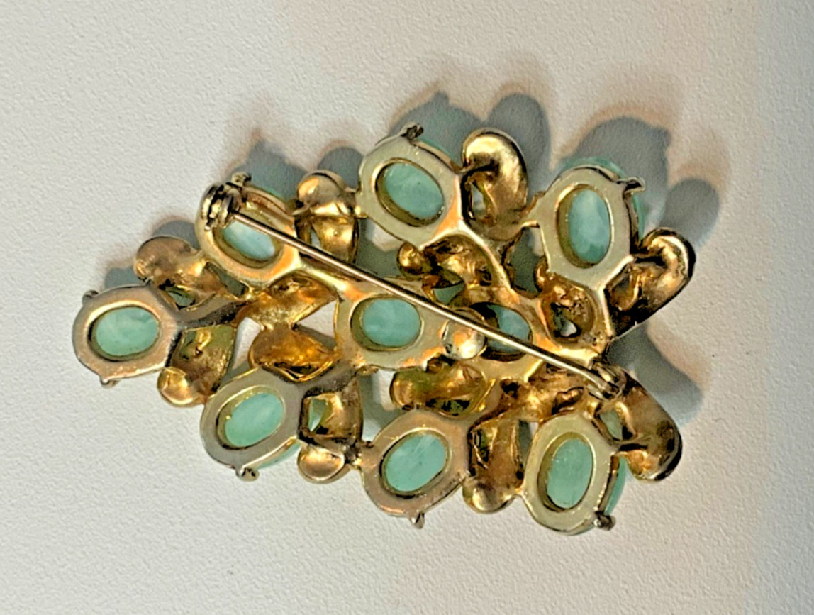 Vintage Aqua Glass Cabochons Gold Tone Leaves Brooch Pin Approximately 2 inches