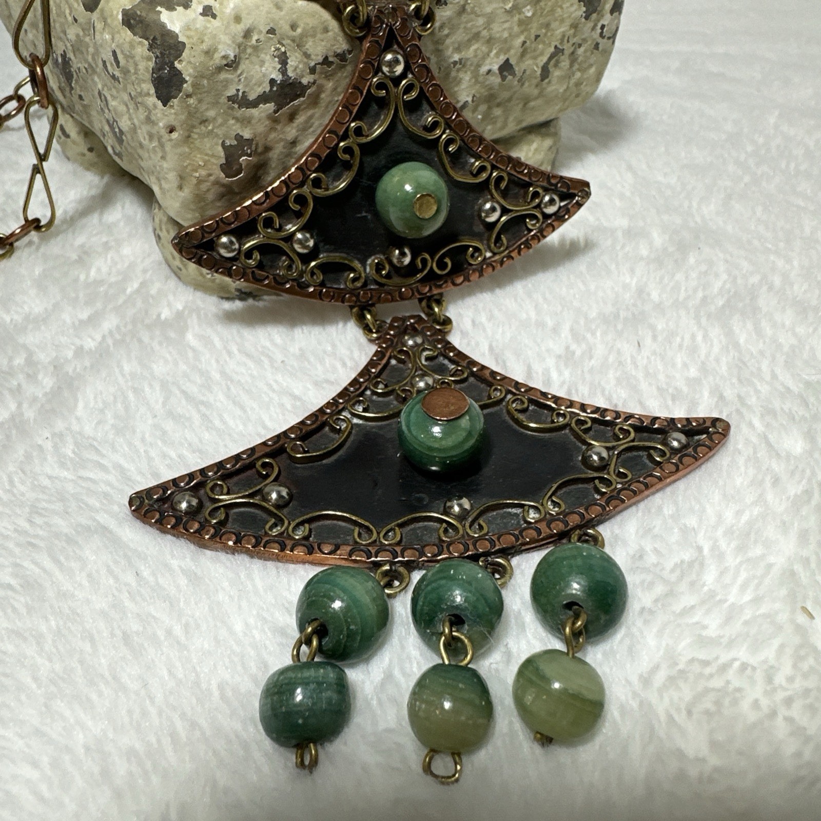 Vintage Casa Maya Mexico Statement Necklace Copper Brass Green Onyx Book Piece