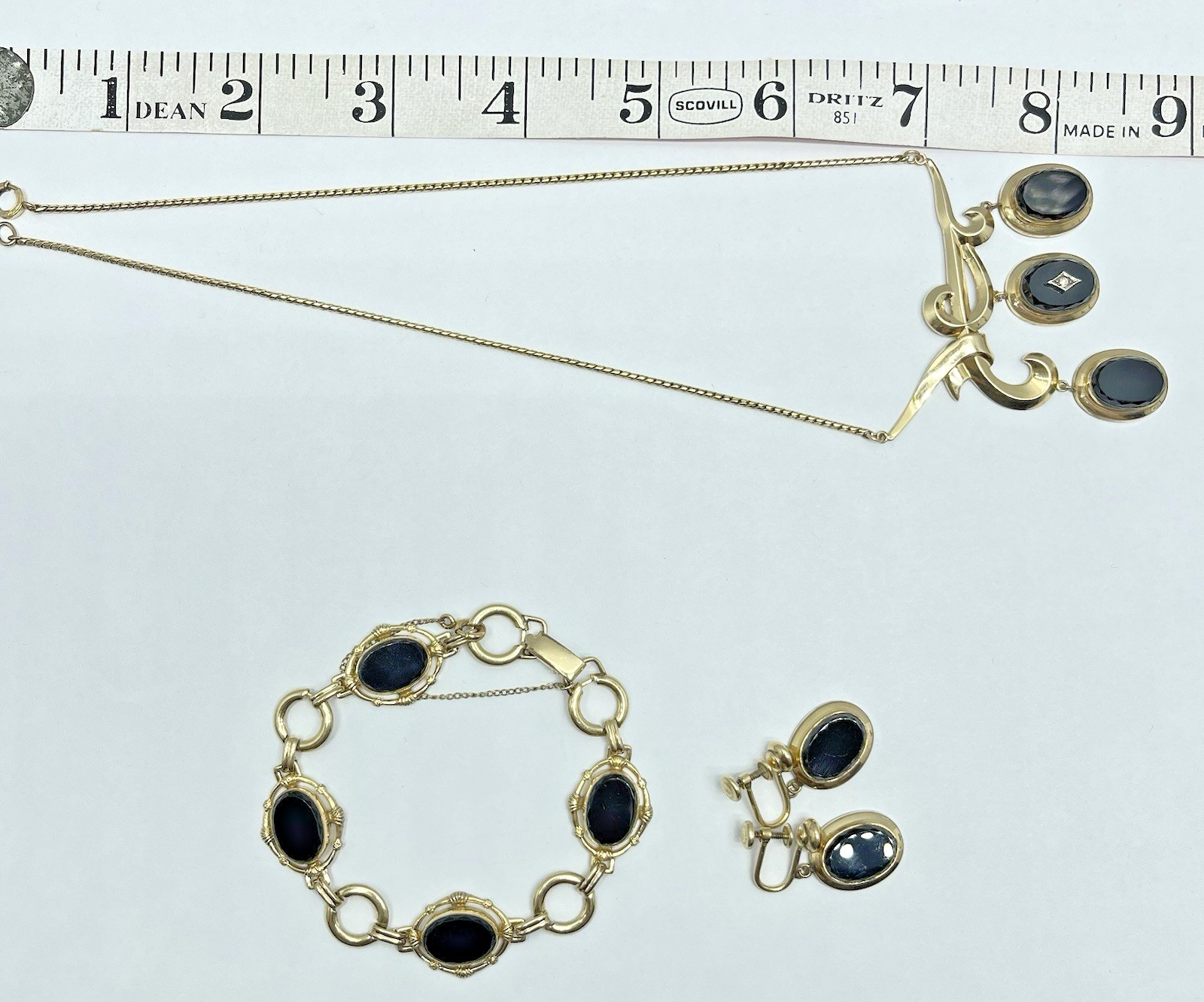 Vtg. CM 1/20 12KT GF Jewelry Set Necklace, Bracelet & Earrings Black Glass -MC