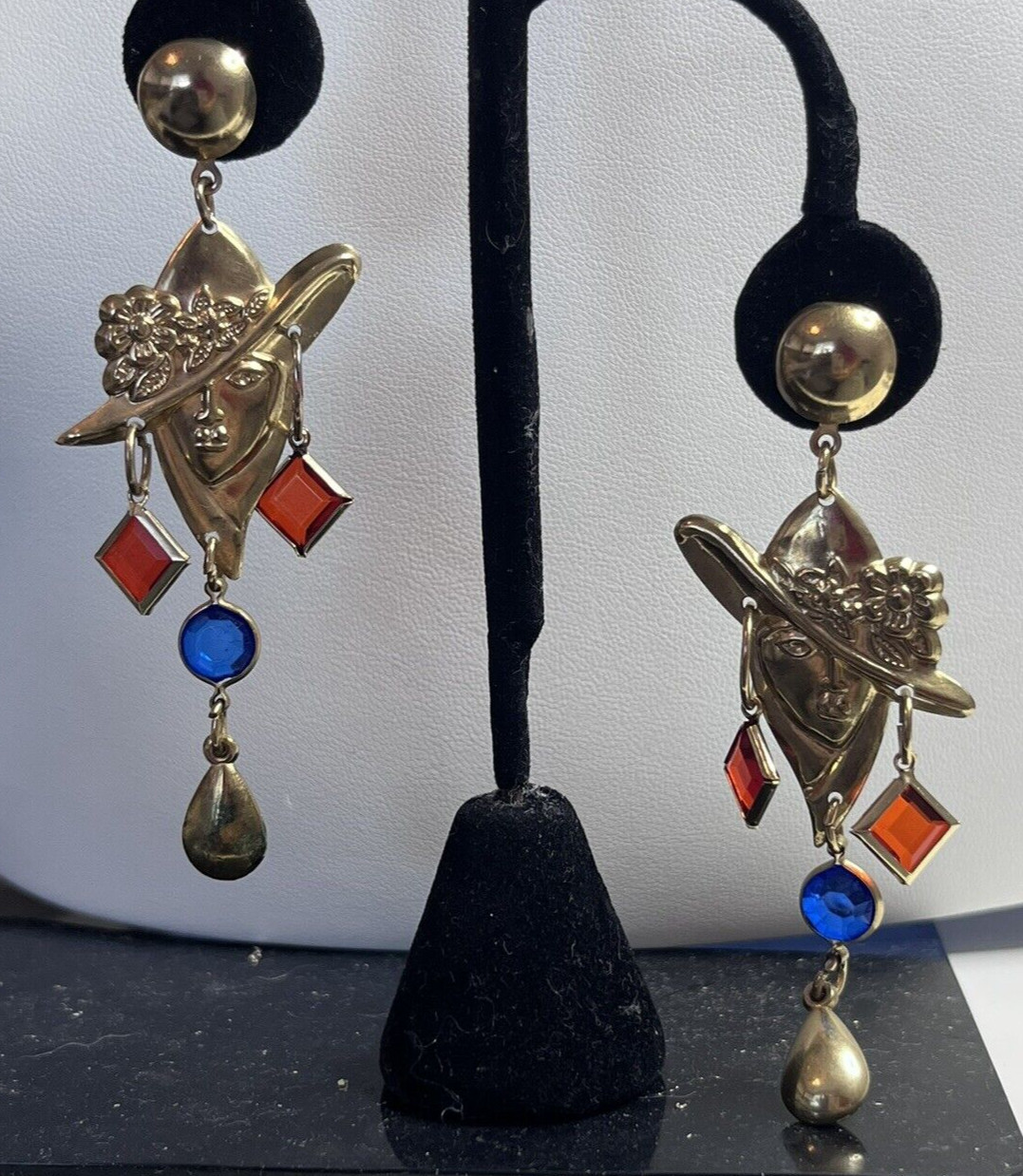 Unique Hat Lady Earrings with Red & Blue Bezel set accents