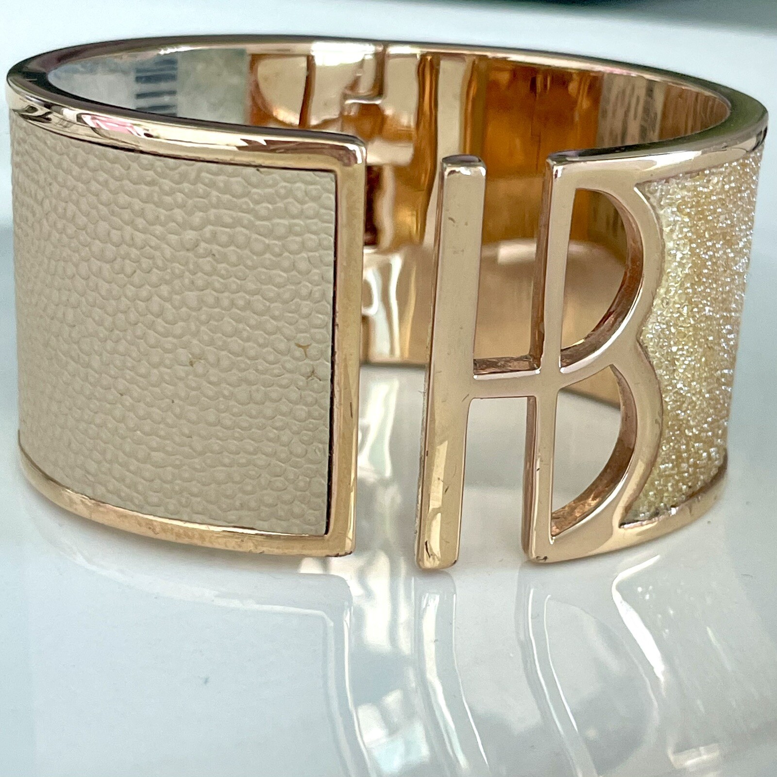 NWT RARE HENRI BENDEL NYC HB Logo GOLD Cuff Beige Leather Crystals Bracelet