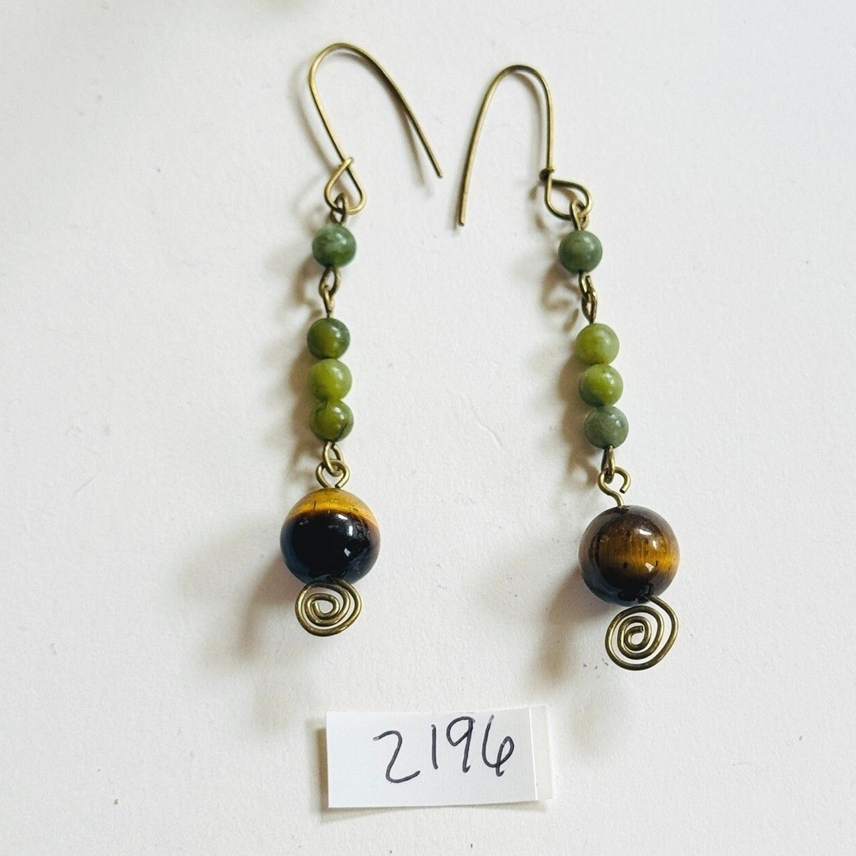 VTG BOHO Brass Swirl Earrings Tigers eye Jade Pierced Modernist 80s dangle 2.8″