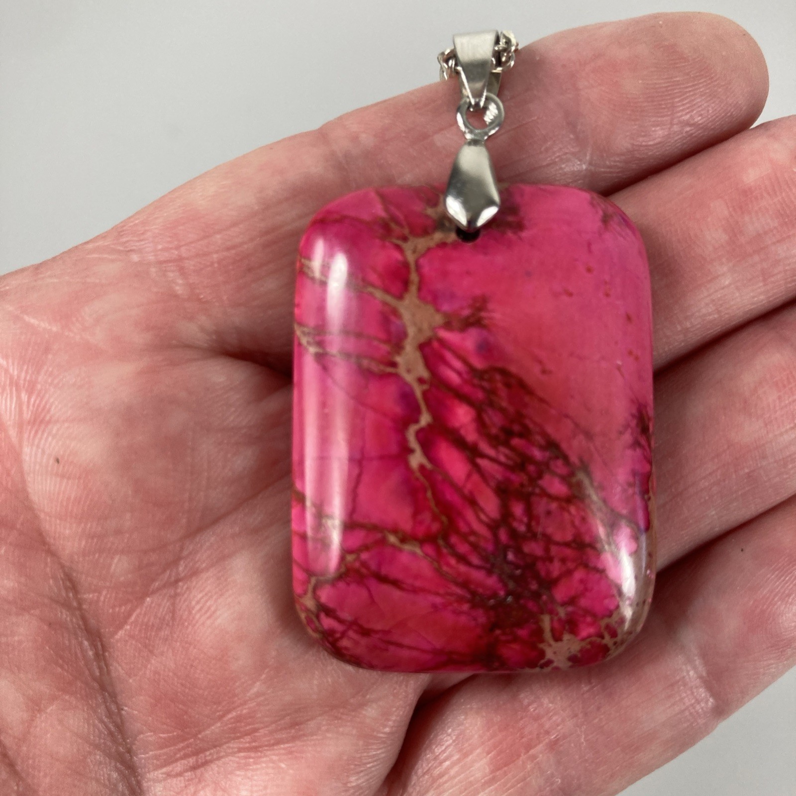 Polished Pink Stone Pendant 2.5″ Rounded Rectangle 19″ Silvertone Chain Necklace