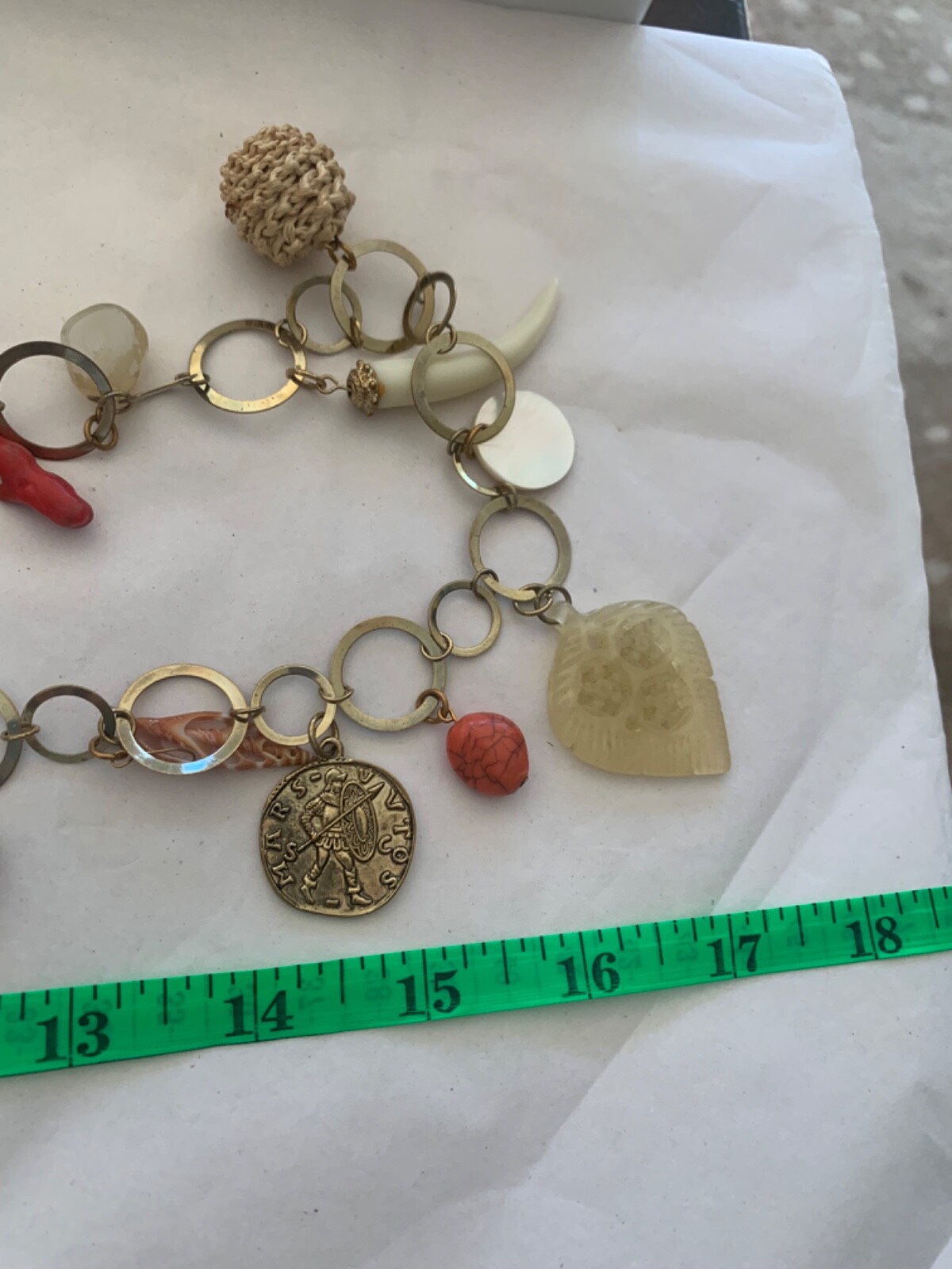 Vintage Metal Link Necklace with Glass and metal Charms stone, faux coin & shell