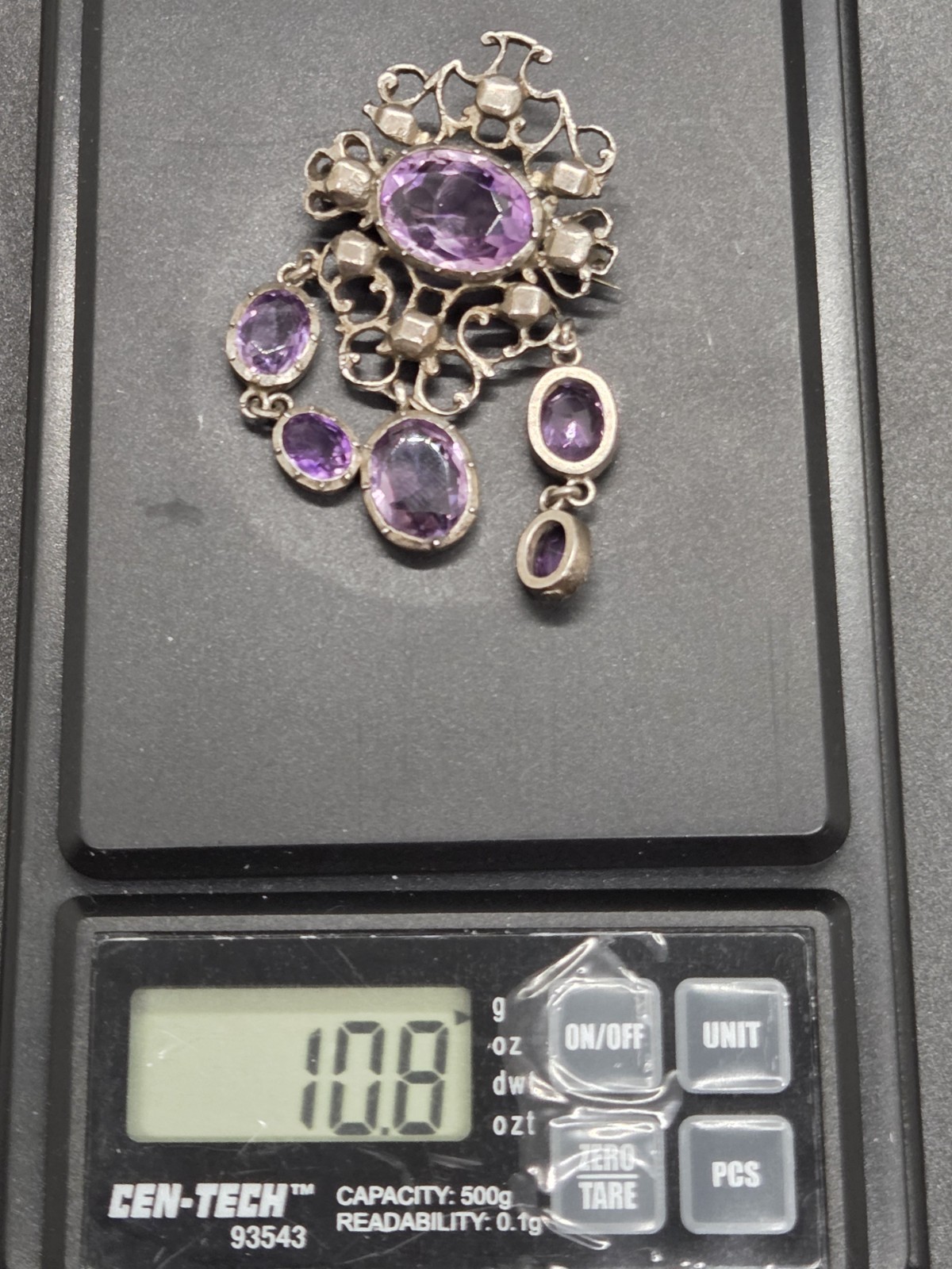 Antique Victorian Sterling Silver Purple Amethyst Dangle Brooch Festoon Pin OOAK