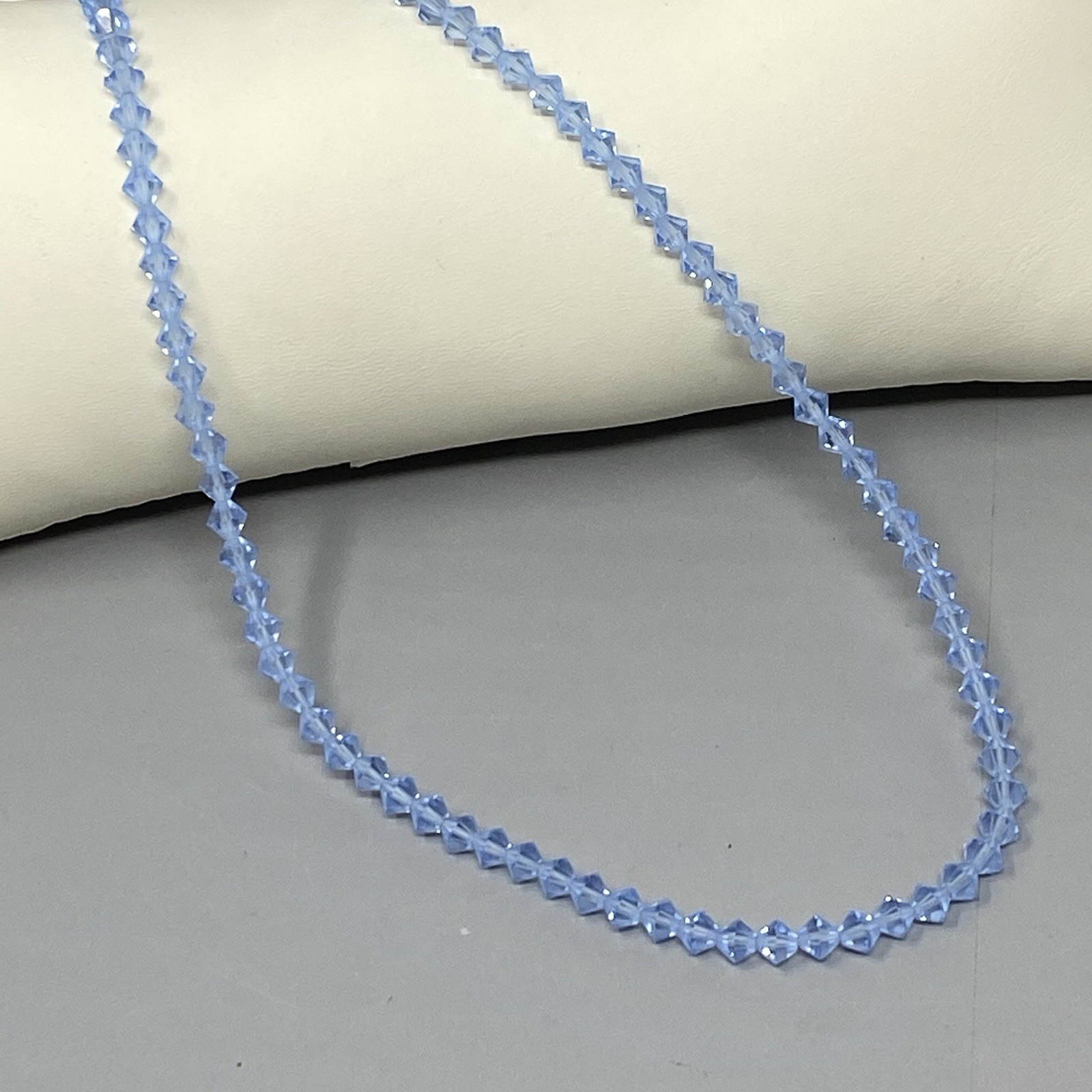 Light Blue Glass Beaded Necklace Bicone Faceted Shiny Fire Polished Vintage 24″