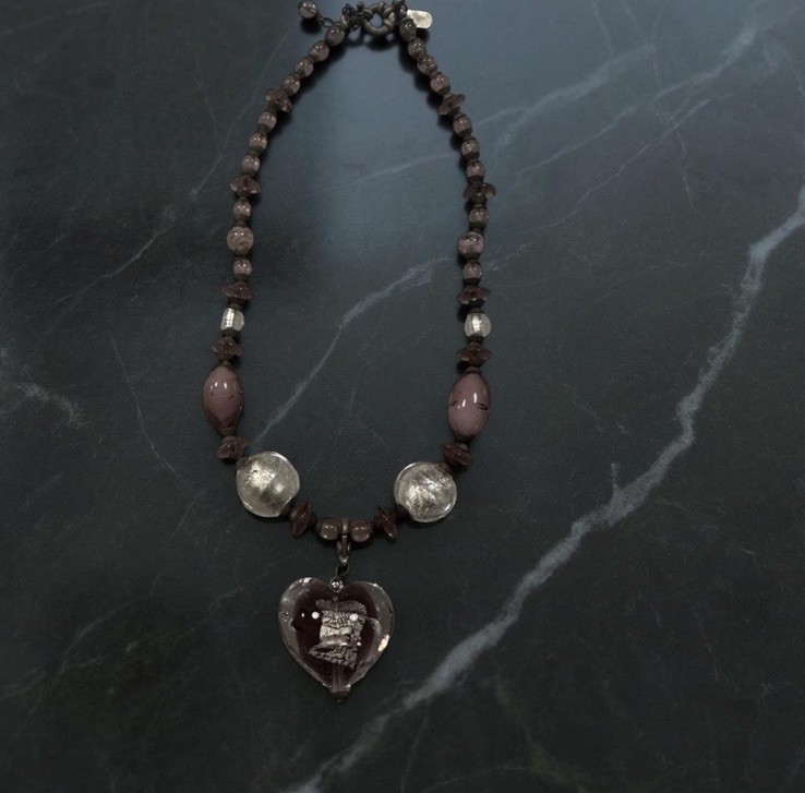 Vintage Hilary London Purple Puff Heart Glass Pendant & Beads Necklace