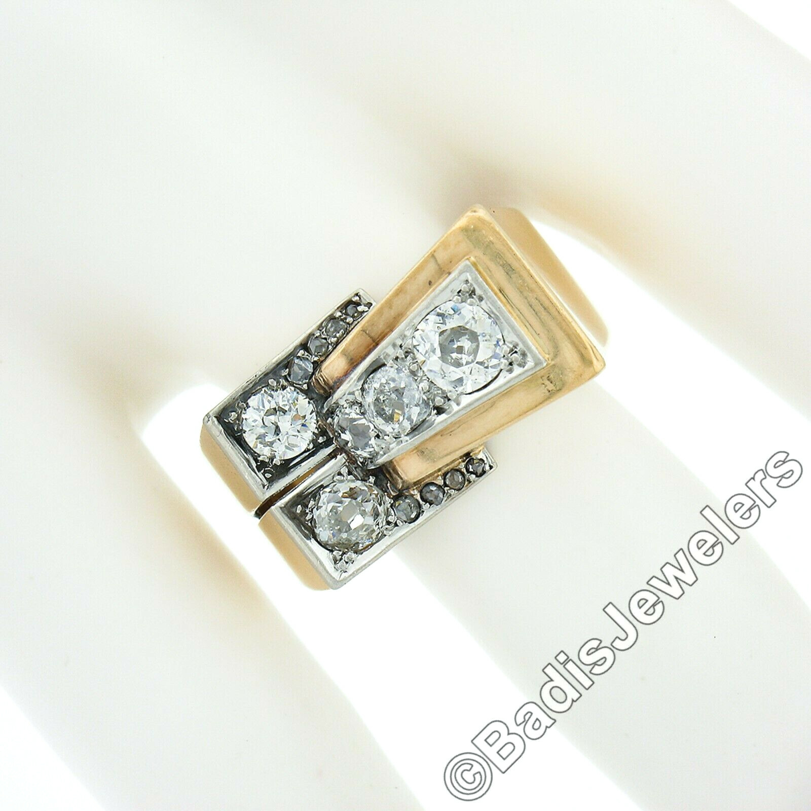 Unisex Antique Victorian 18k Gold & Platinum 1.24ctw Old Cut Diamond Buckle Ring