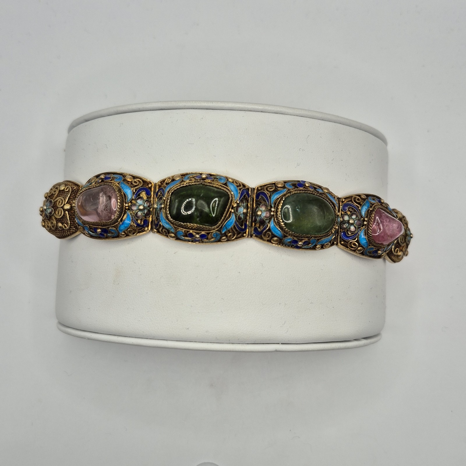 Vintage Silver W/ Gold Wash Chinese Export Tourmaline Enamel Filigree Bracelet