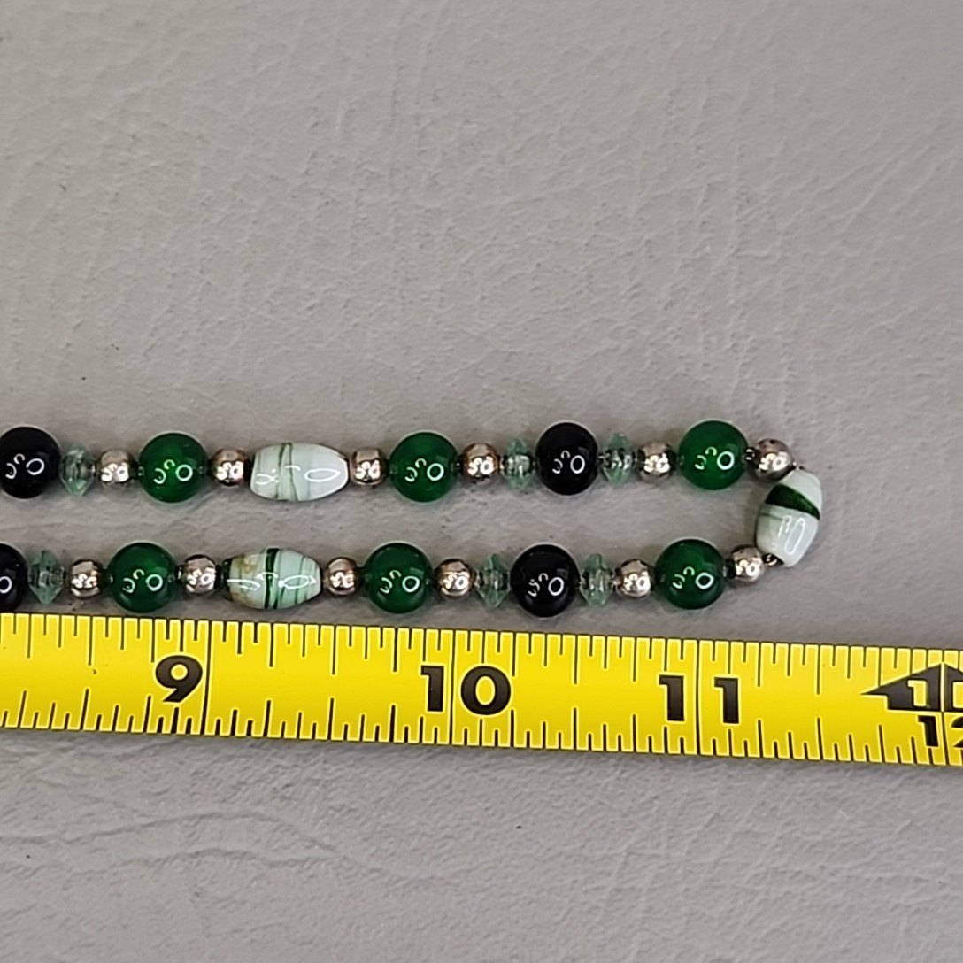 Vintage Glass Necklace Green Striped 24″