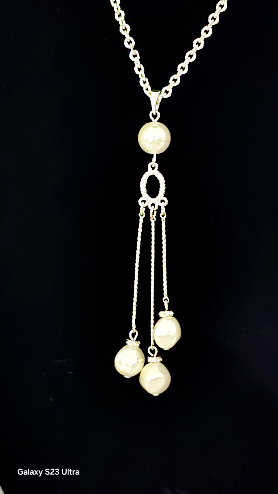 SAQ BAROQUE white pearl chain necklace silver tone 13″ with pendent