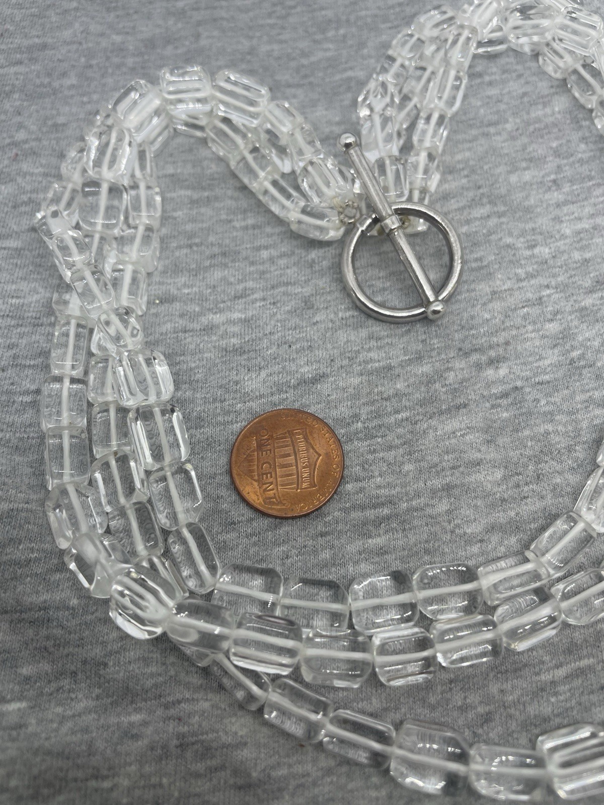 Vintage Clear Glass Beads Sterling Silver Toggle Closure 3 Strands Necklace
