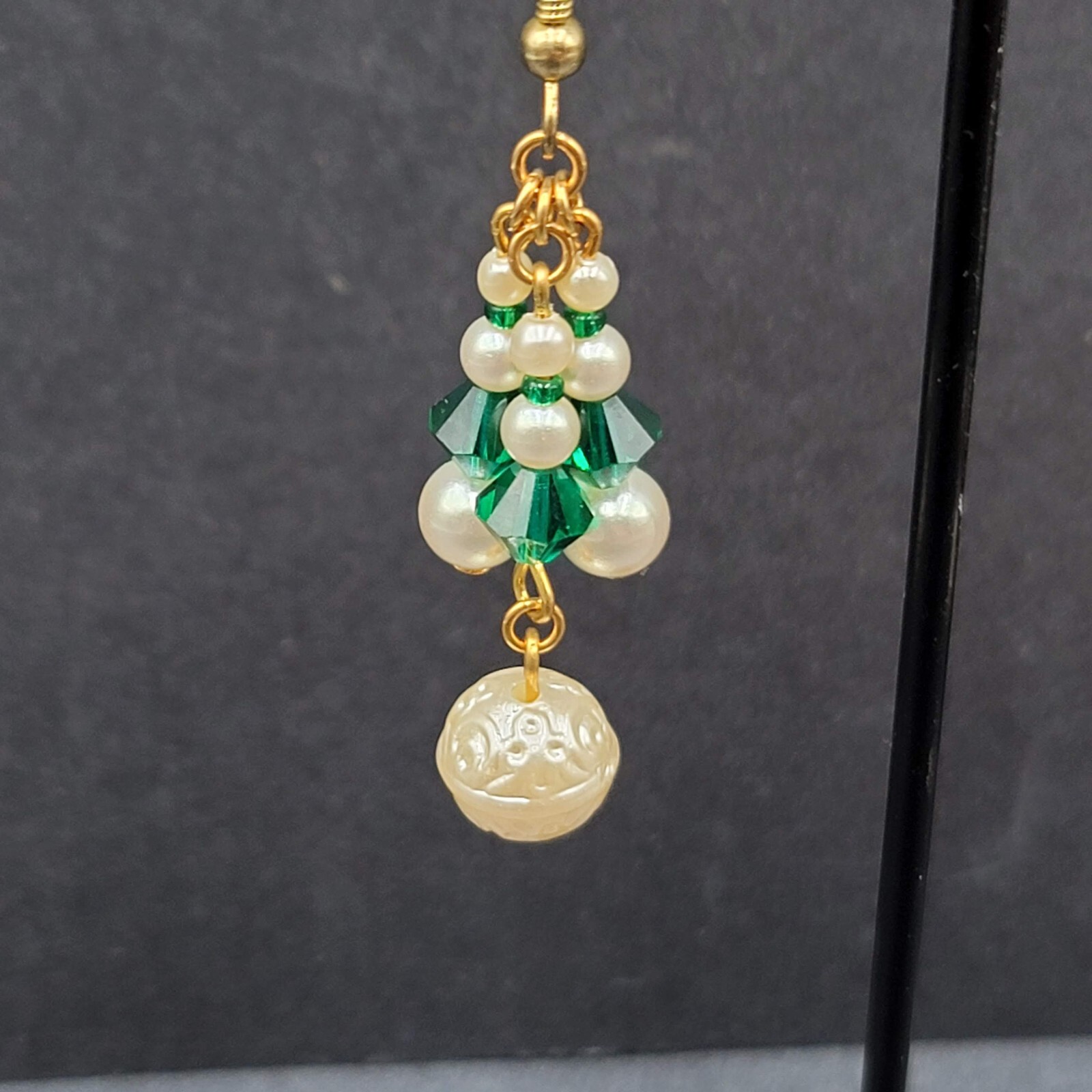 Vintage Pierced Earrings Faux Pearl Green Crystal Beads Dangle 1.5″