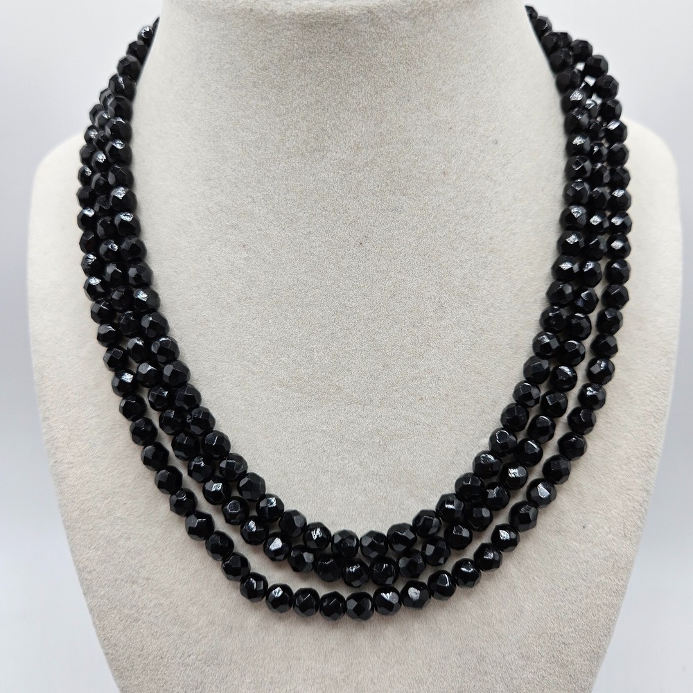 VINTAGE Convertible Black Faceted Glass Bead Long Necklace Round Box Clasp Close
