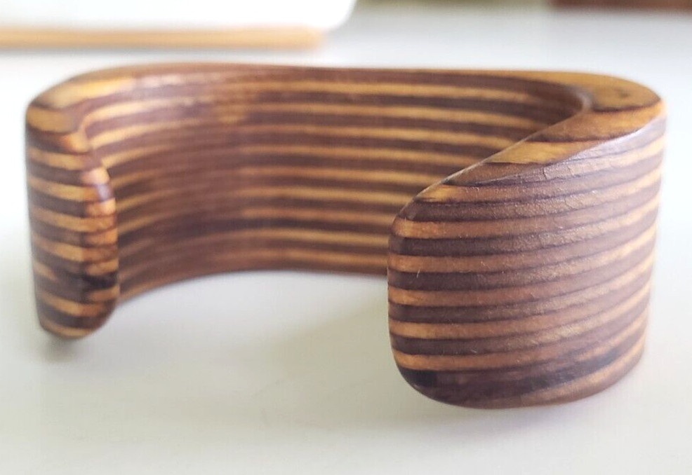 Vintage Inlay Laminated Layered Wood Cuff Bracelet 4-7/8″ Size Small