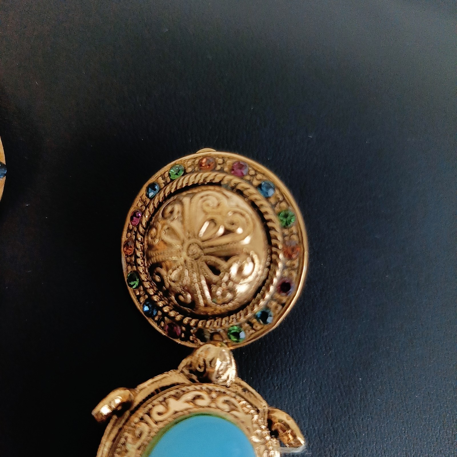 Vintage Zoe Coste Turtle Earrings France Blue Glass Rhinestone Gold Tone