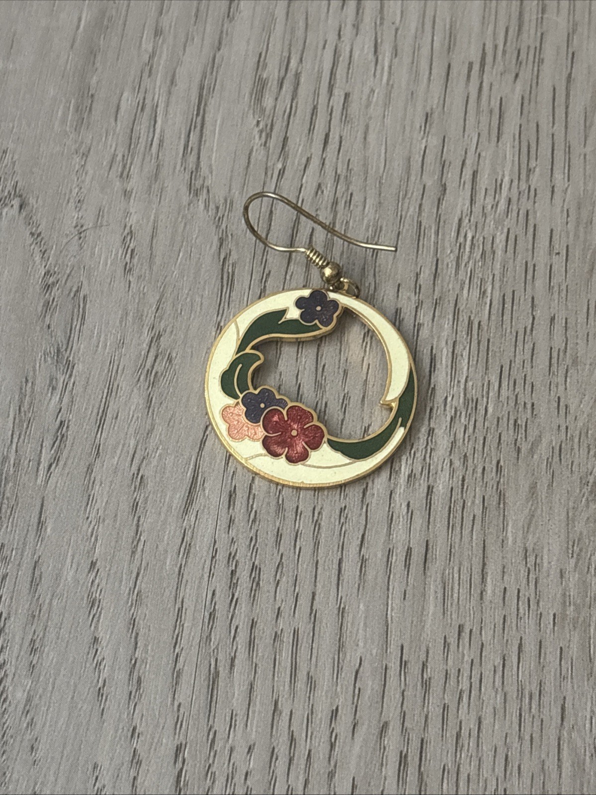 Vintage Circular Cloisonné Single Dangle Earring Purple Pink Red Floral