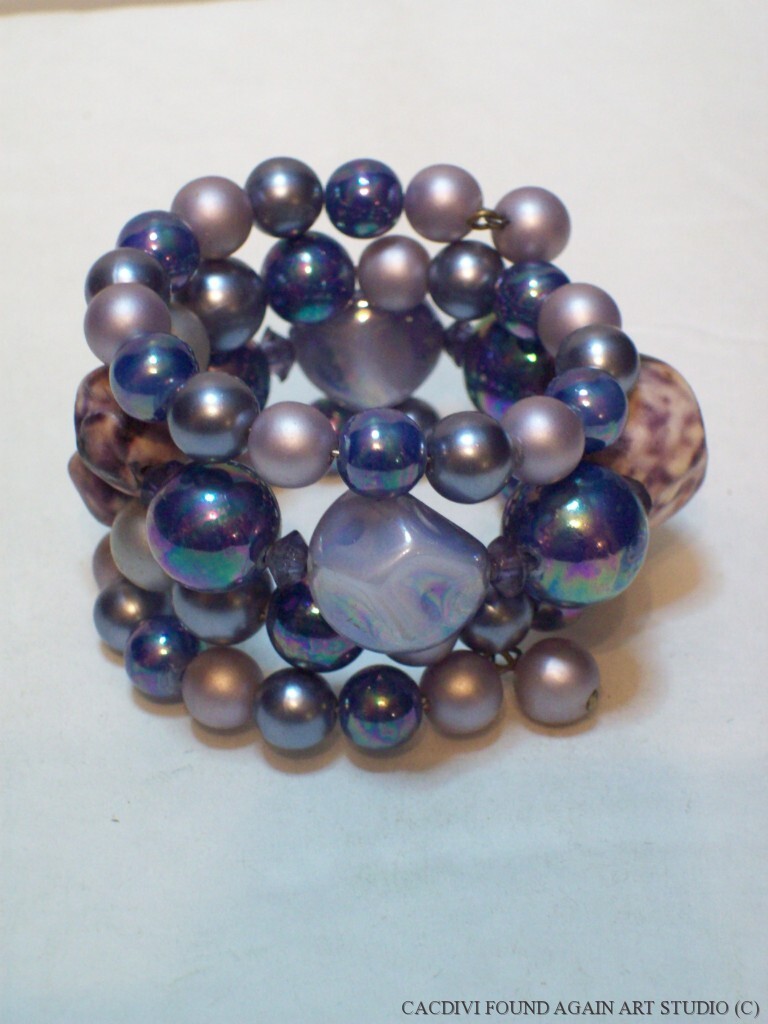 Retro Blue Purple Bead Bracelet Multi Strand Dimple AB Faux Pearl Wire Wrap Vtg