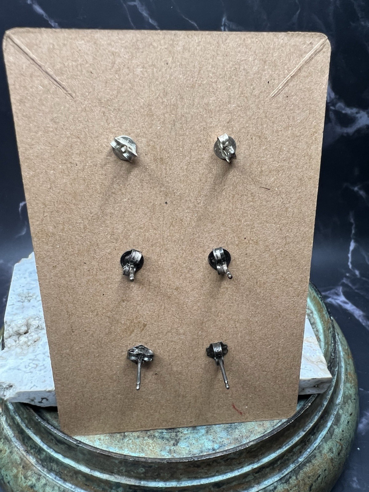 VTG 925 Sterling Silver Marcasite Heart Round Amber Stud Earrings Set