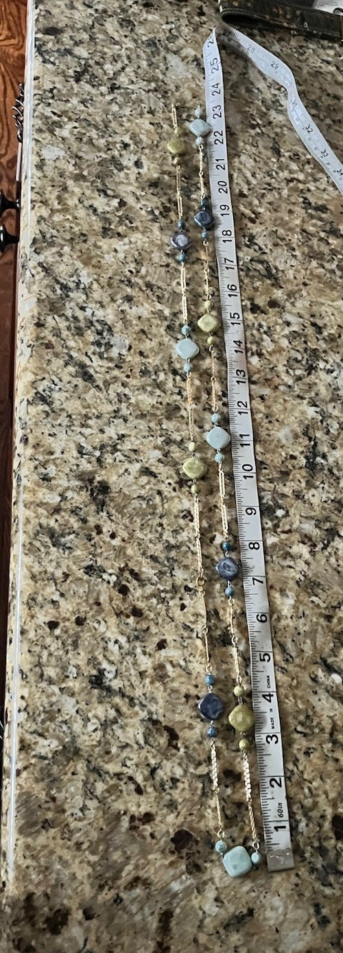 Vintage Polished Stone Green Blue Aqua Gold Tone Paperclip Bar Link 48”Necklace