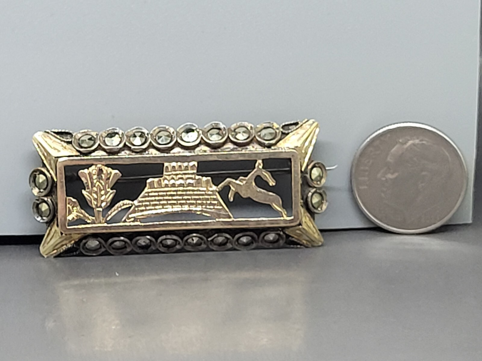 Egyptian Revival Era Marcasite 9 Karat Gold on .925 Sterling Silver Pin Brooch