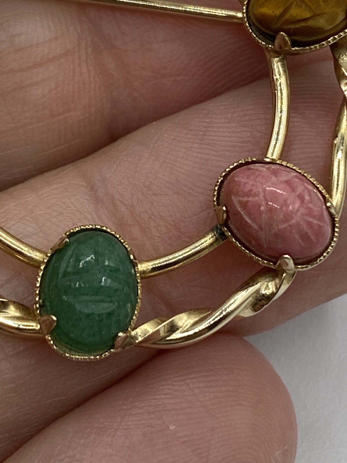 DIXELLE Brooch Signed SCARAB GEMSTONE ROUND PIN 1/20 12K GOLD FILLED 1 1/4″