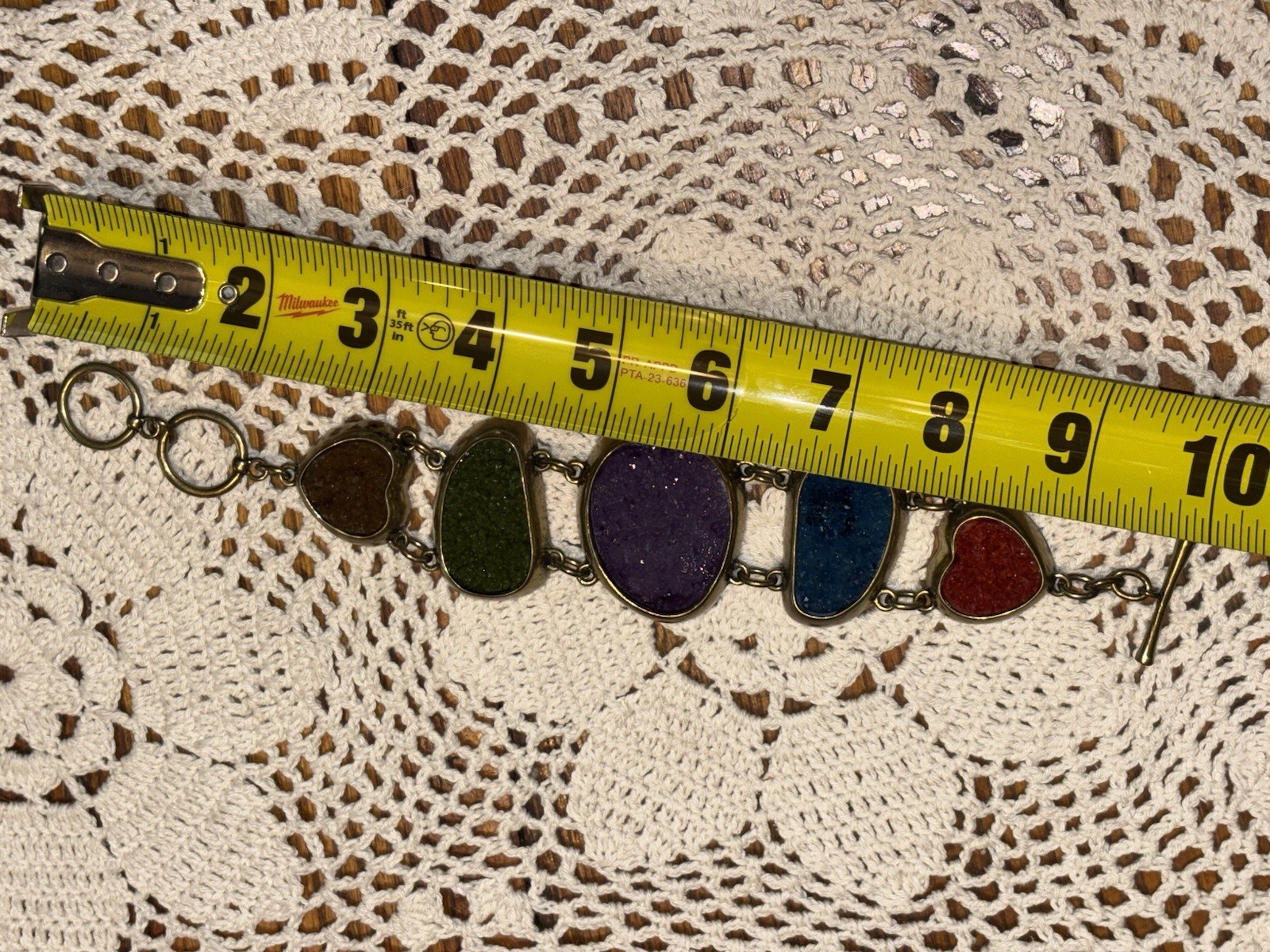 Vintage Handmade 5 Color Geode & Brass Link Chunky Bracelet Toggle Clasp BOHO